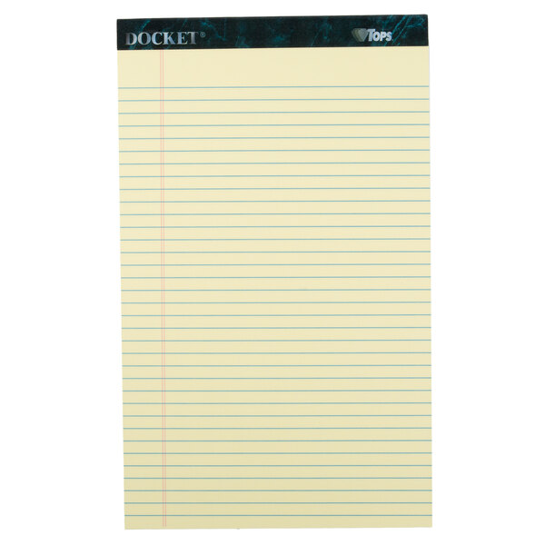 A yellow lined paper pad with blue lines.