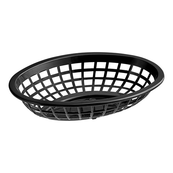 A black plastic Tablecraft oval basket with holes on a white background.