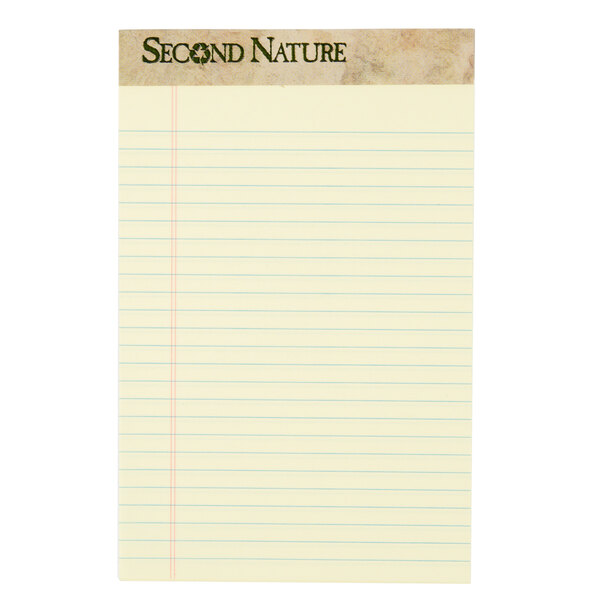 A yellow Second Nature legal pad with narrow blue lines.