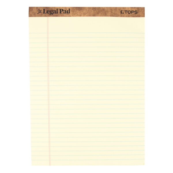A yellow lined legal pad with a brown band.
