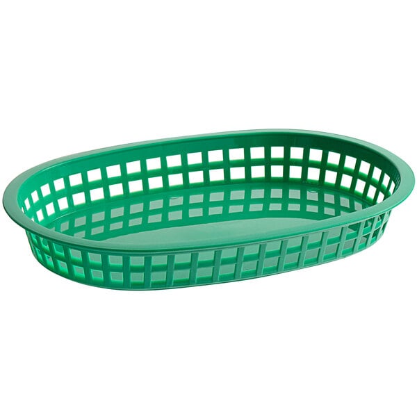 A green plastic Tablecraft oval platter basket with holes.