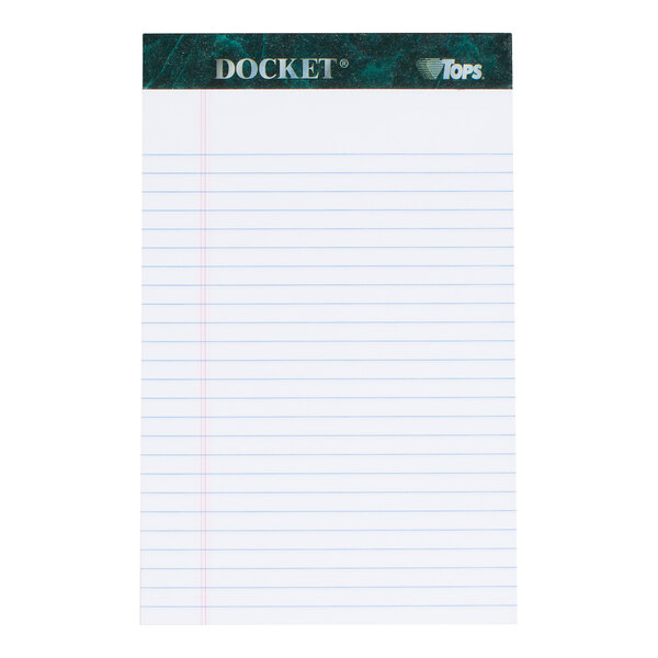 A white, narrow-ruled writing tablet with blue horizontal lines, a red vertical margin, and a dark green top binding labeled 'DOCKET' and 'TOPS.'