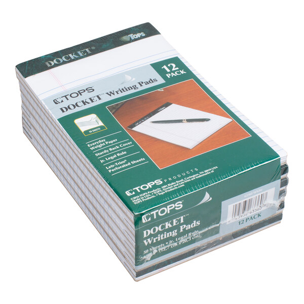 A stack of twelve white narrow-ruled writing pads with a black top binding, packaged together in plastic wrap.