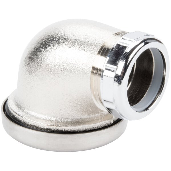 A stainless steel T&S overflow head with a chrome finish on a silver pipe.