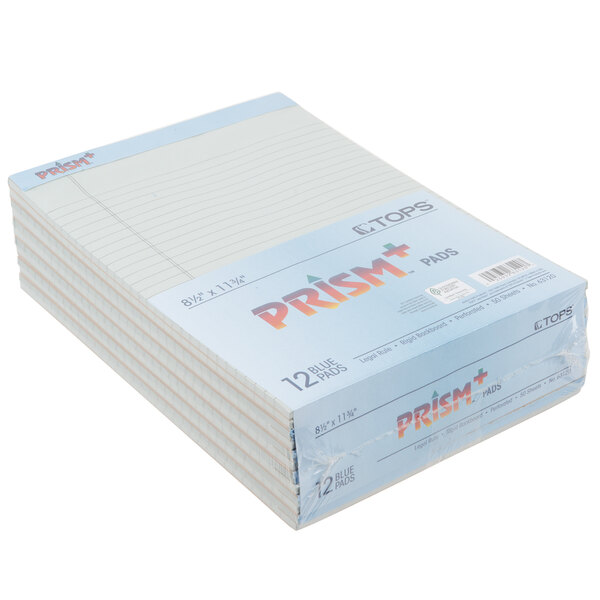 A stack of blue Prism legal pads with wide ruled white paper.