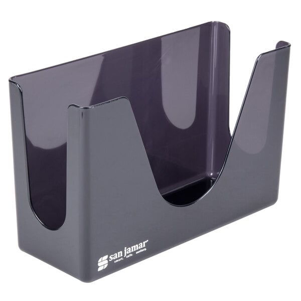A black plastic San Jamar countertop towel dispenser with a clear bottom.