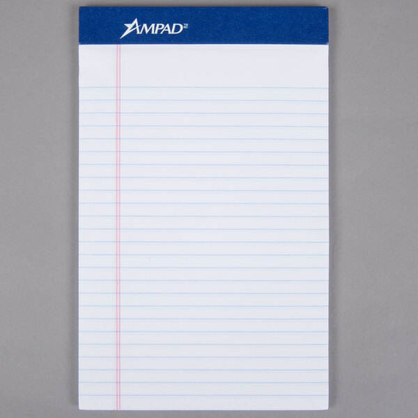 An Ampad white lined paper pad with red lines.