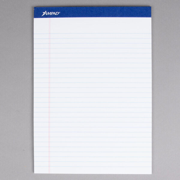 An Ampad wide ruled white writing pad with blue lines.