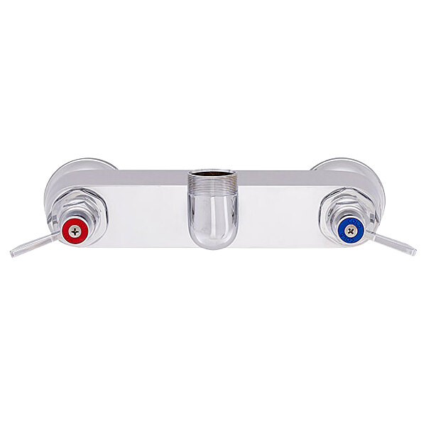 A silver Fisher wall mounted faucet base with swivel outlets and lever handles.