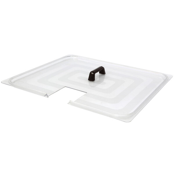 A clear plastic lid with a black handle.