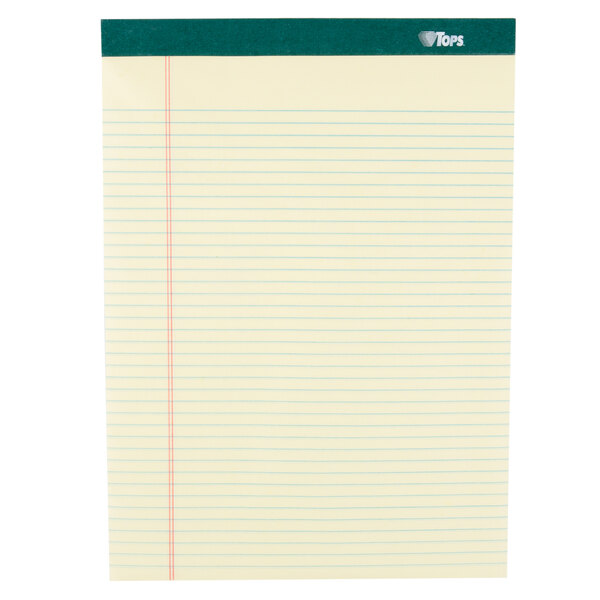 A TOPS yellow narrow ruled paper pad with blue lines.
