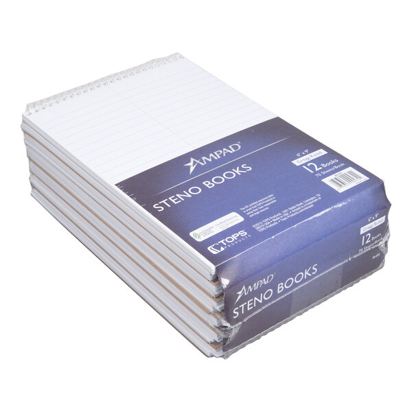 Ampad 25-472 6" x 9" Gregg Ruled White Wirebound Steno Pad - 12/Pack