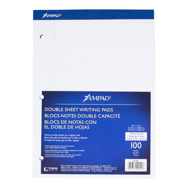 Ampad 20-244 8 1/2" x 11 3/4" Wide Ruled White 3-Hole Punched Writing Pad - 6/Pack