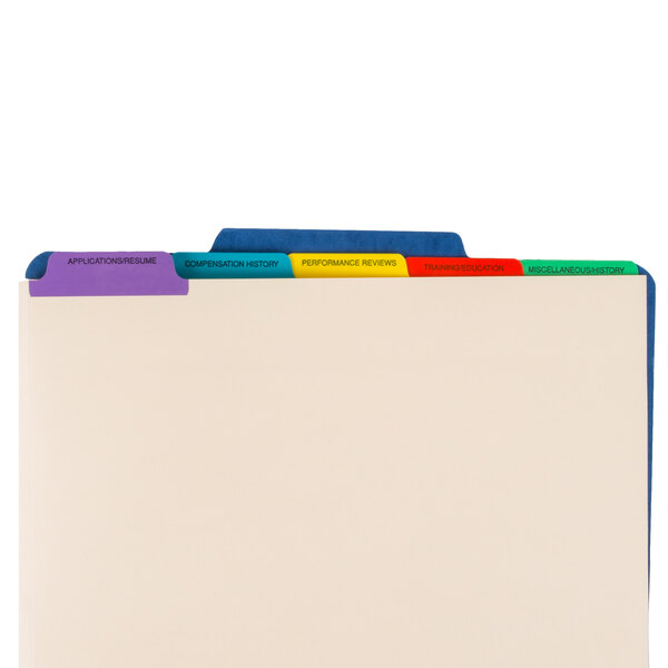 A Pendaflex file folder with blue and yellow tabs.