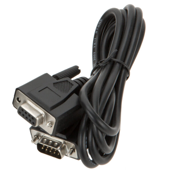 A close-up of a black Cardinal Detecto thermal label printer serial cable with a plug on one end.