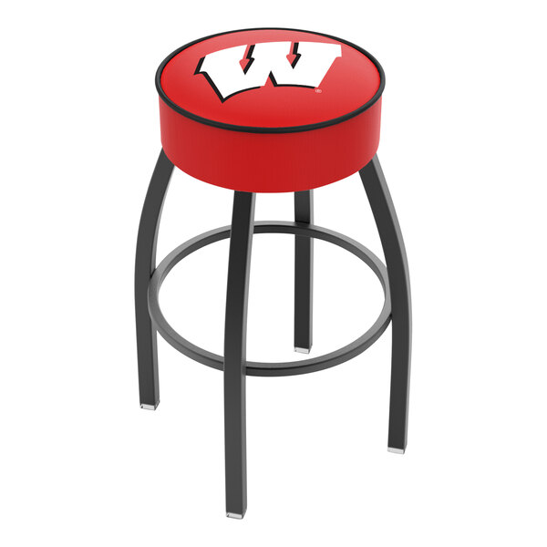 A red swivel bar stool with a padded seat featuring the University of Wisconsin logo and black metal legs.