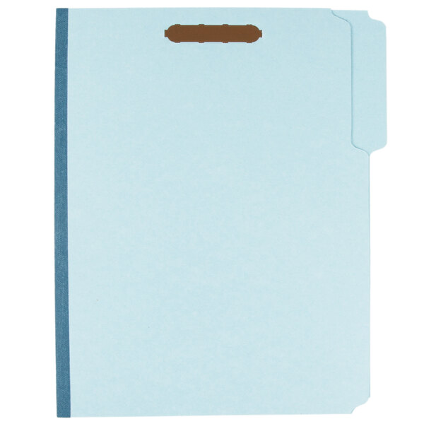 A blue file folder with brown tabs and two fasteners.