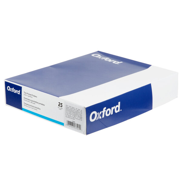 A light blue and white box of 25 Oxford embossed paper pocket folders.