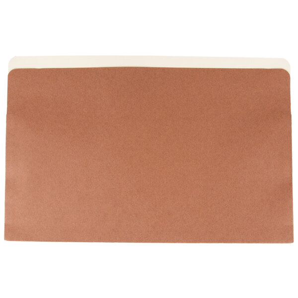 A brown legal size file pocket with a white strip.