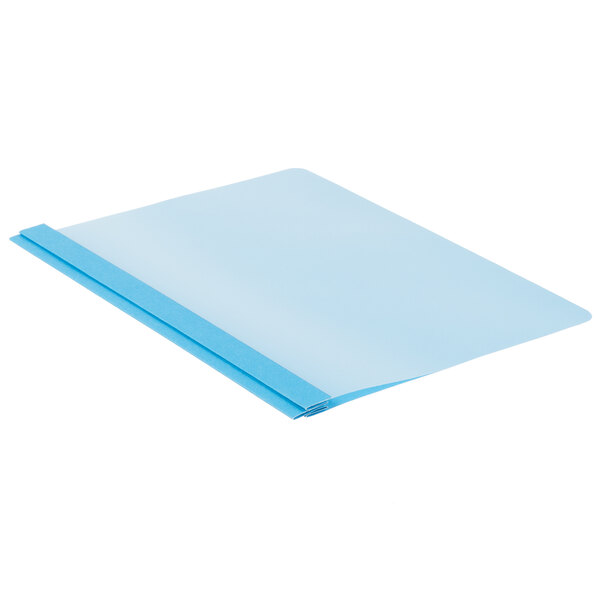 A blue Oxford clear front report cover with a white edge and 3-prong fastener.