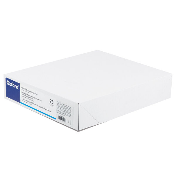 A white box with blue text reading "Oxford 25 Assorted Color Clear Front Report Covers"