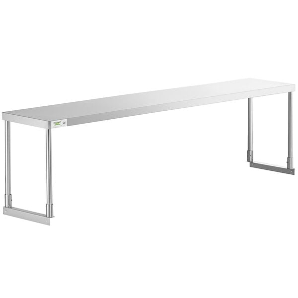 A Regency stainless steel table mounted overshelf with a long shelf.