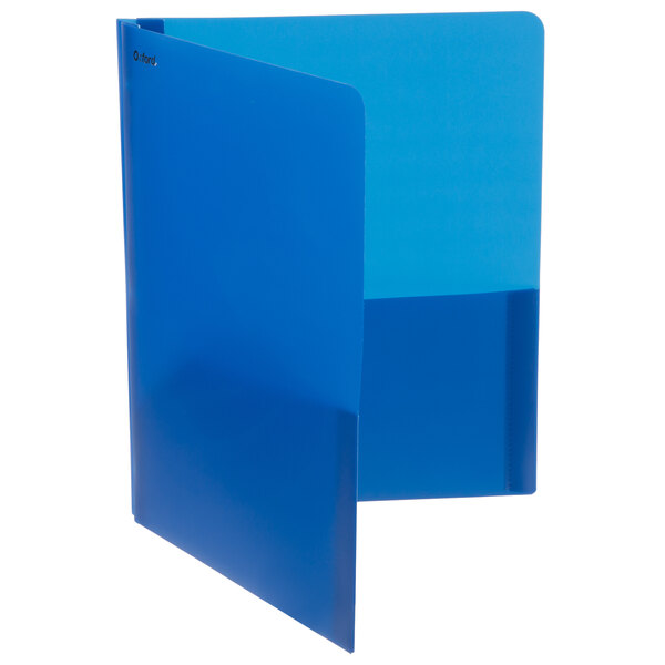 An Oxford plastic pocket folder in assorted blue colors.