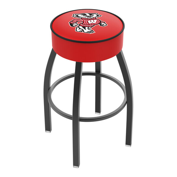 A red swivel bar stool with a padded seat featuring the University of Wisconsin mascot and a black metal frame.