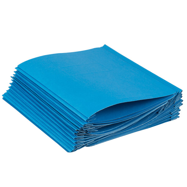 A stack of light blue Oxford report covers.