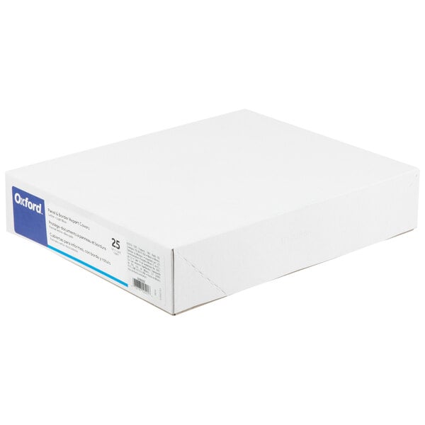 A white box with blue text reading "Oxford Light Blue Report Cover with 3 Fasteners 25/Box"