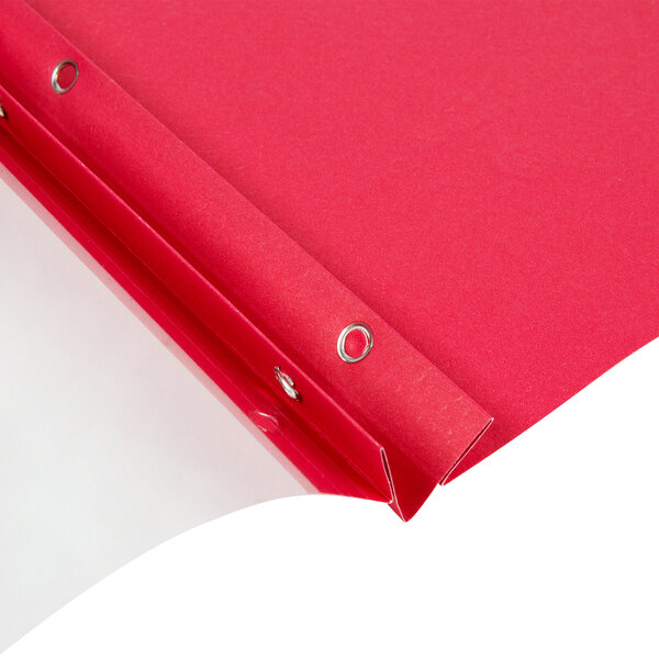 A red file folder with metal rings and clear front cover.