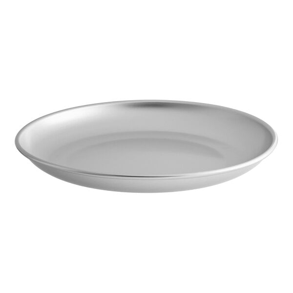 A large round aluminum tray with a shallow depth and smooth surface.