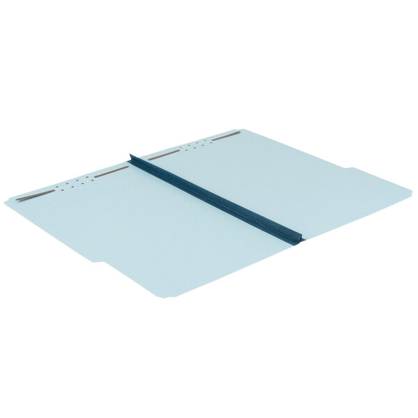 A white file folder with a blue strip and 2 fasteners.