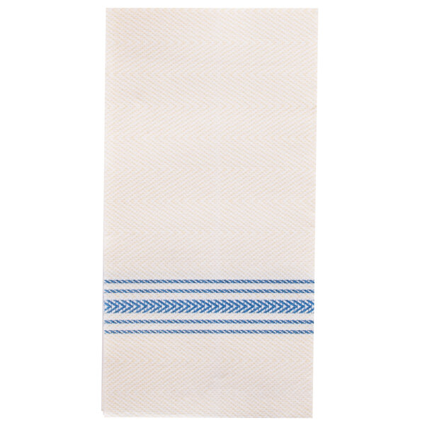 A white cloth with blue stripes and a blue and white towel.