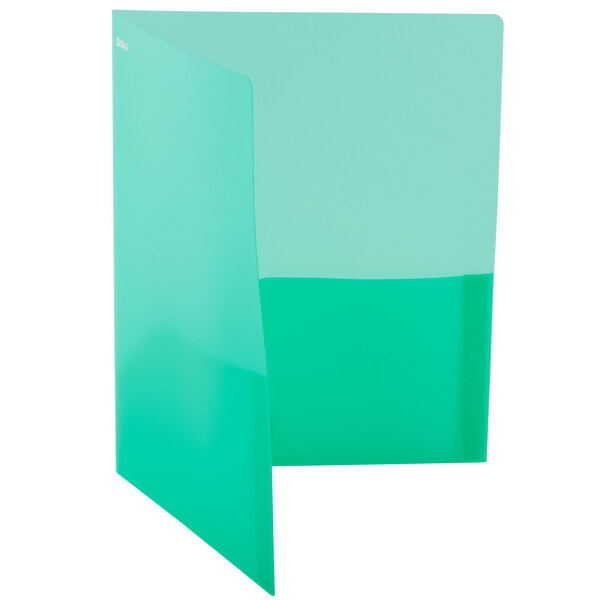 A green plastic Oxford folder with a white background.