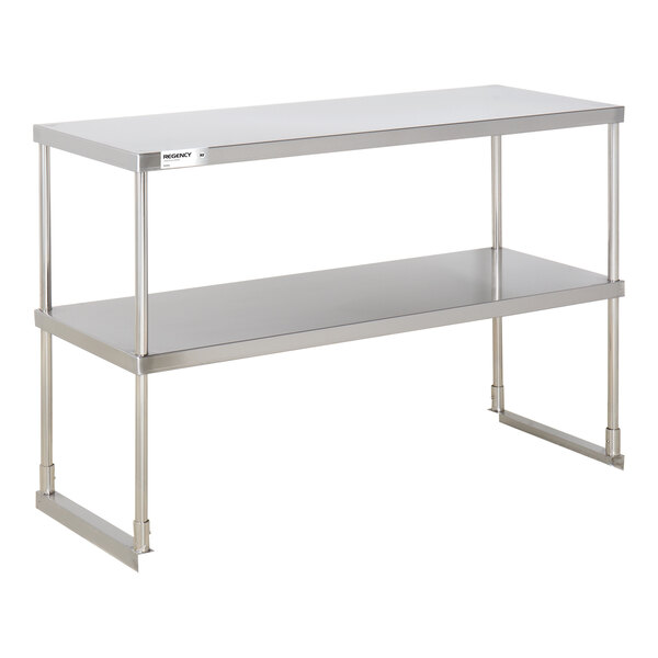 A two-tier stainless steel overshelf with four vertical supports and a rectangular design.