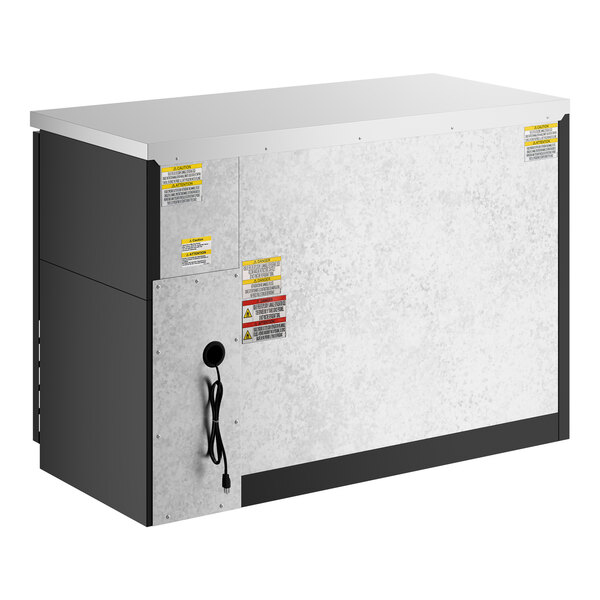 A black and silver counter height solid door back bar refrigerator.