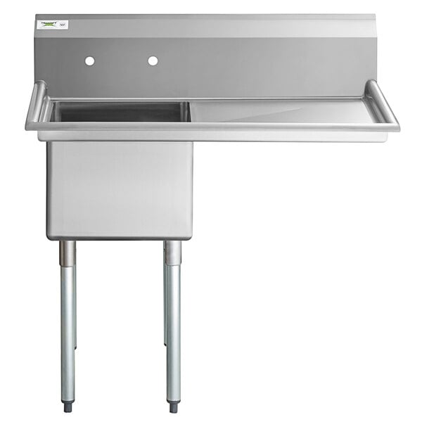 A Regency stainless steel one compartment sink with a right drainboard and galvanized steel legs.