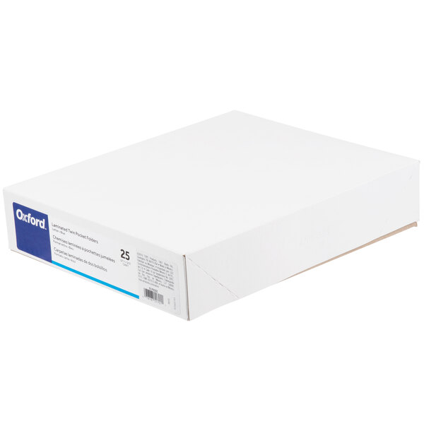 A white box with blue text reading "Oxford Blue 2-Pocket Folders"
