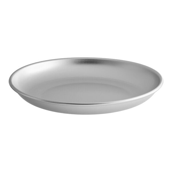 A round, shallow aluminum tray with a smooth surface and slightly raised edges.
