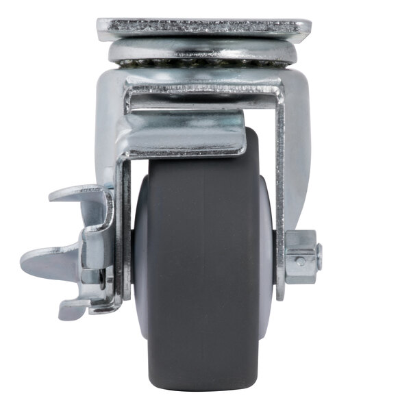 A close-up of a black 3" swivel plate caster wheel with a metal wheel.