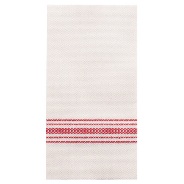 A white towel with red stripes.