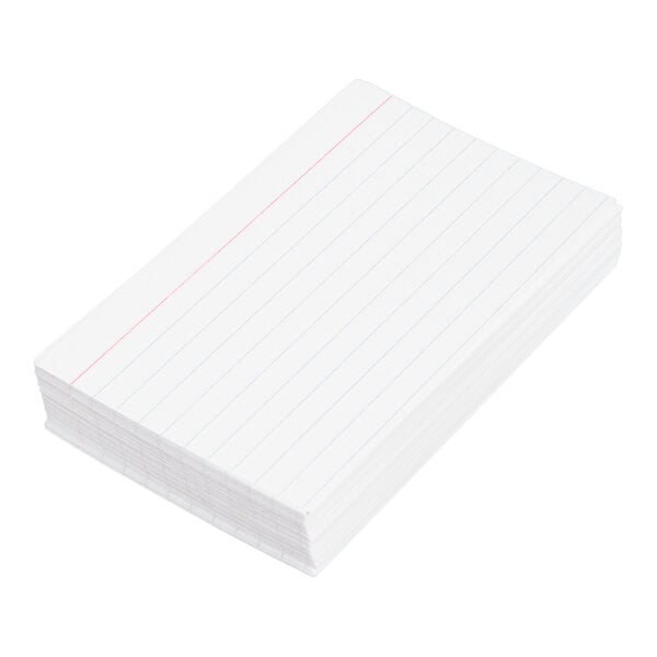 A stack of white, ruled index cards with blue horizontal lines and a red vertical margin line.