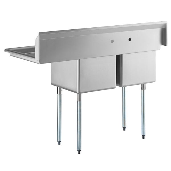 A Regency stainless steel two compartment sink with a right drainboard.