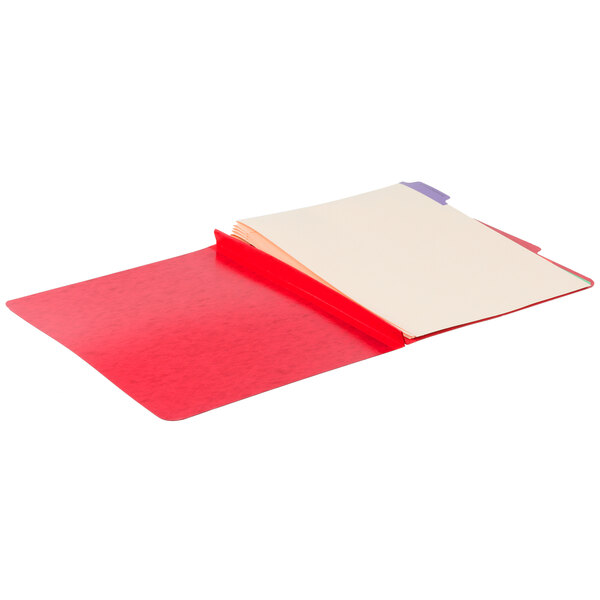 A red Pendaflex file folder with white paper inside.