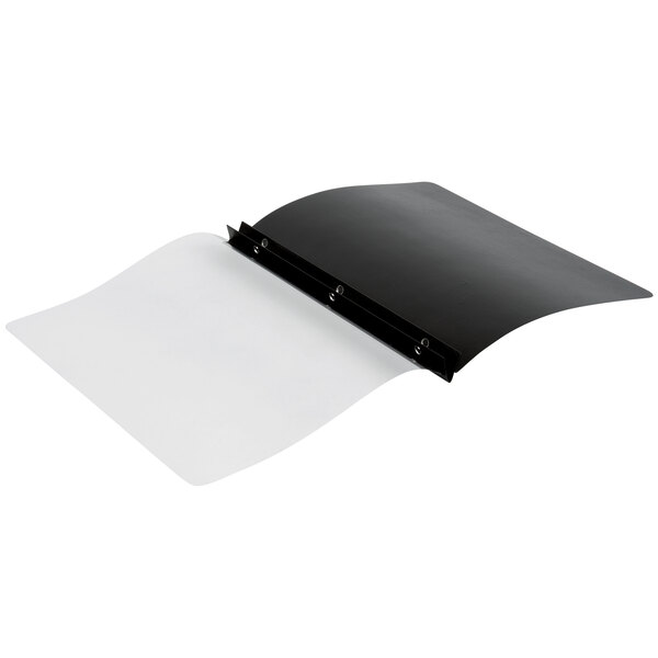A black file folder with a clear front sheet showing a white paper with holes.