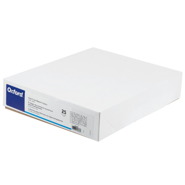 A white box of Oxford black clear front report covers with blue text.