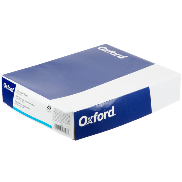A blue and white box of Oxford Light Green Embossed Paper Pocket Folders.