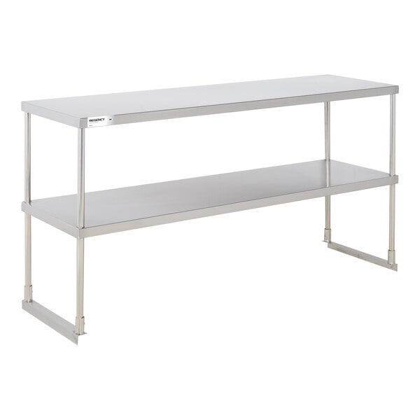 A stainless steel double-deck overshelf with two tiers and four supporting legs.