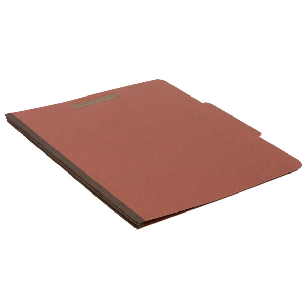 A brown Pendaflex classification folder with a red cover.